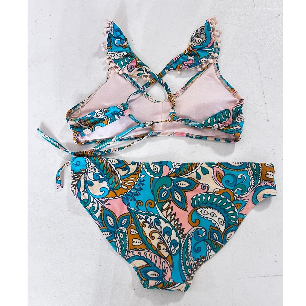 Teal Pink Paisley Bikini Set Two Piece Swimsuit Boho Tie Back SMALL - Picture 2 of 5
